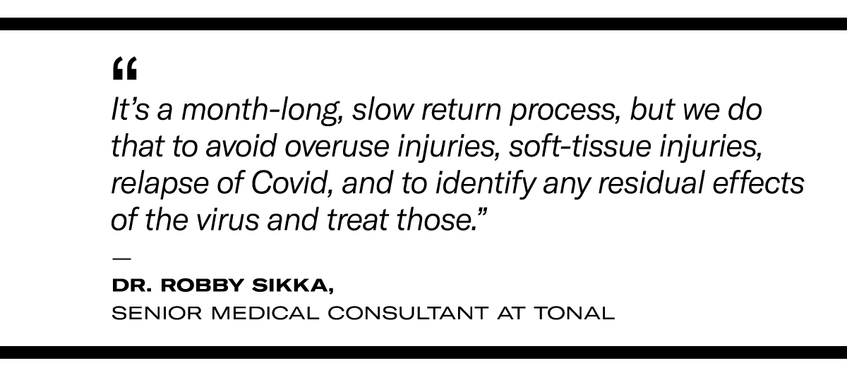 "It's a month-long, slow return process, but we do that to avoid overuse injuries, soft-tissue injuries, relapse of Covid, and to identify any residual effects of the virus and treat those." - Dr. Robby Sikka, senior medical consultant at Tonal