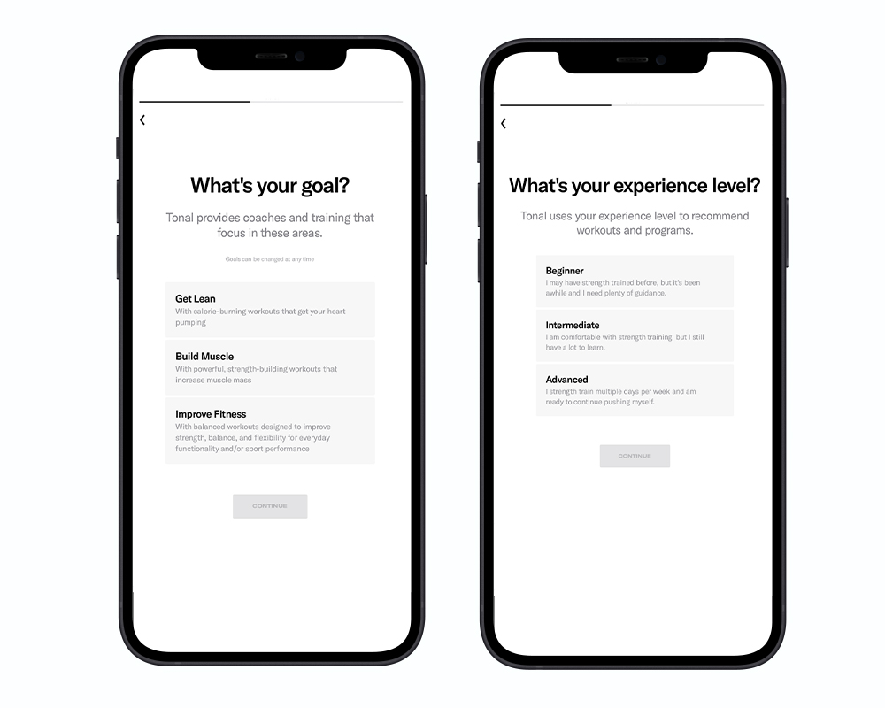 Goal and experience level selection on the Tonal mobile app. 