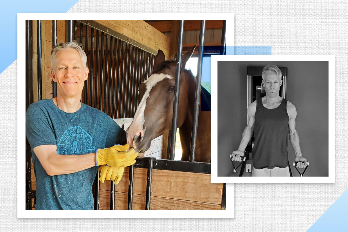 Tonal member Ted Friedl working out on Tonal and with a horse in his barn. 