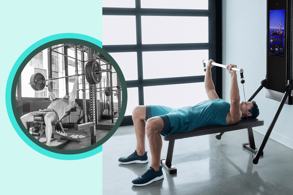 Side by side photos of a man bench pressing at the gym and on Tonal's all-in-one home gym.