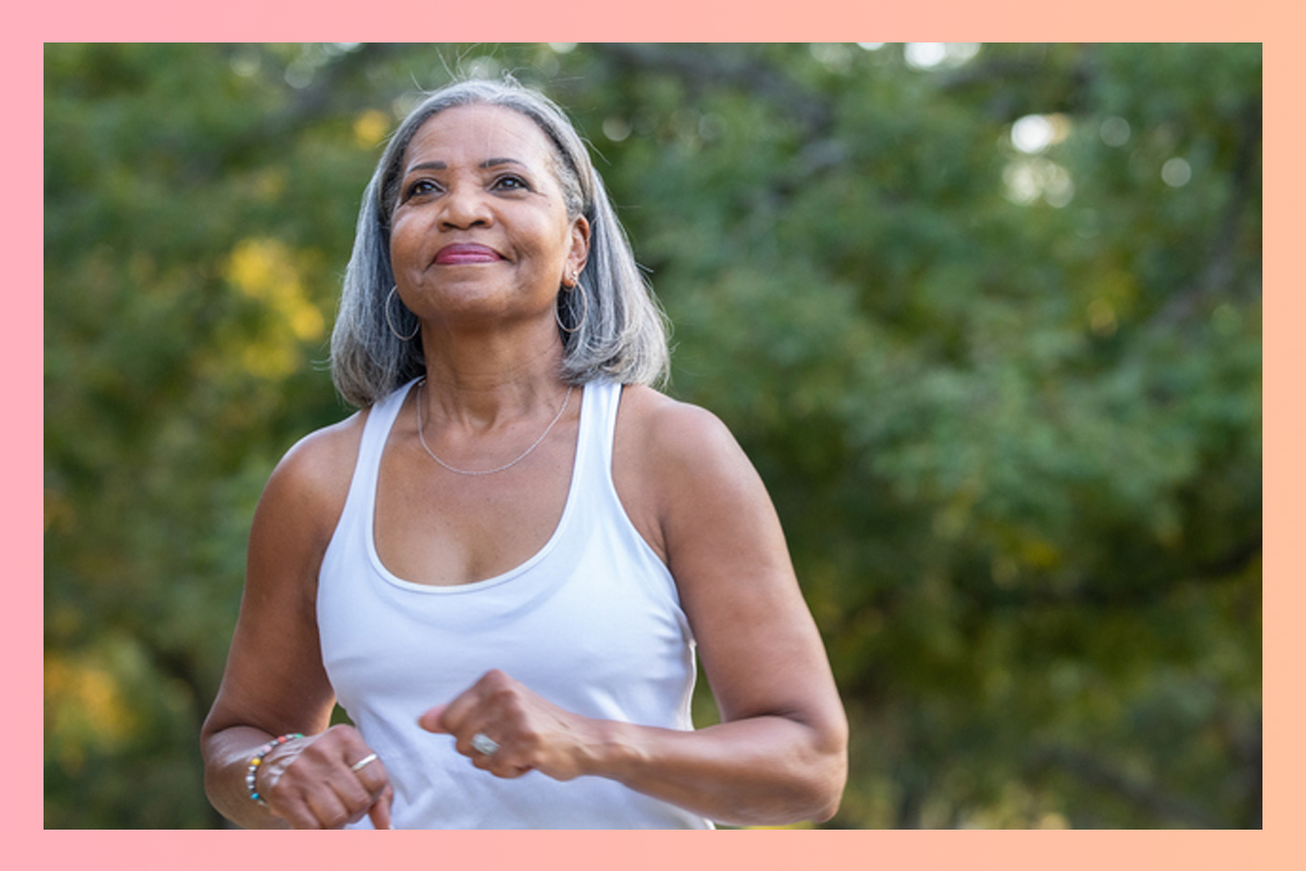 Older woman exercising outside; learn about losing weight after menopause.
