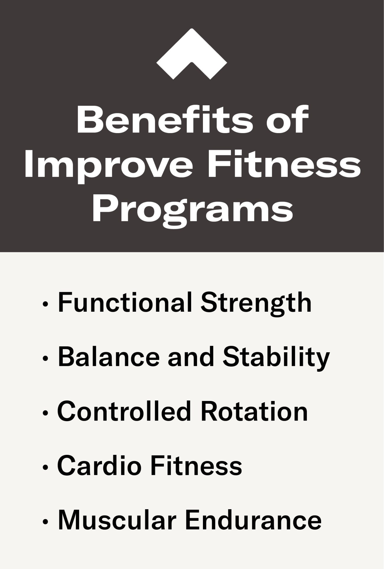 Benefits of Improve Fitness Programs:
- Functional Strength
- Balance and Stability
- Controlled Rotation
- Cardio Fitness
- Muscular Endurance