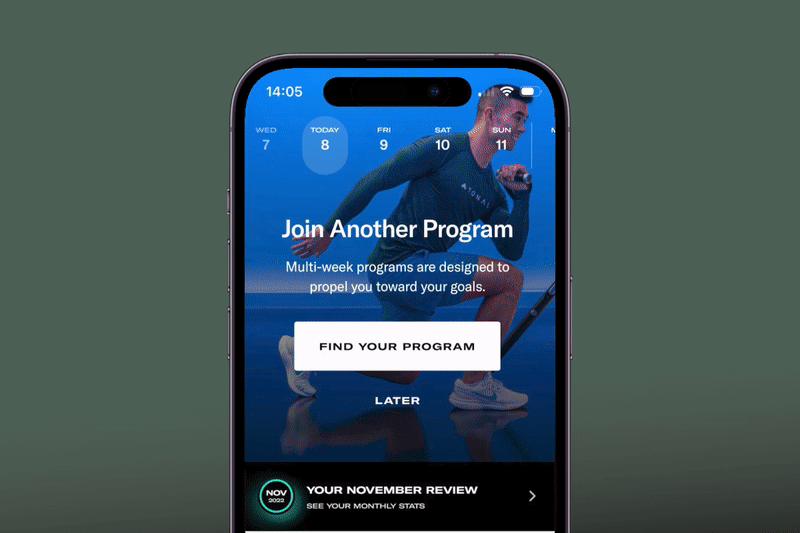 Animated gif illustrating how to join a program on the Tonal mobile app and set your workout schedule. 