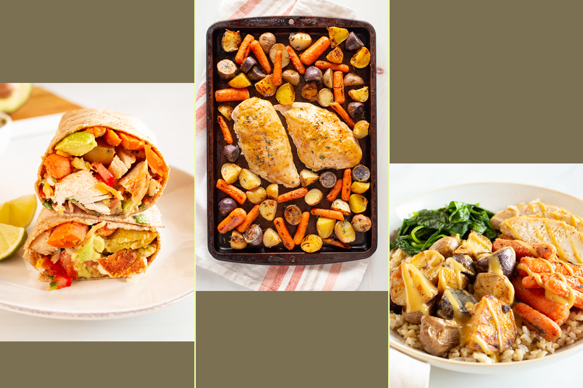Week One: Protein Focus
Main Recipe: Sheet Pan Chicken and Vegetables with Maple-Mustard Sauce
Remix Recipes: Chicken and Roasted Vegetable Grain Bowl; Chicken and Veggie Burrito