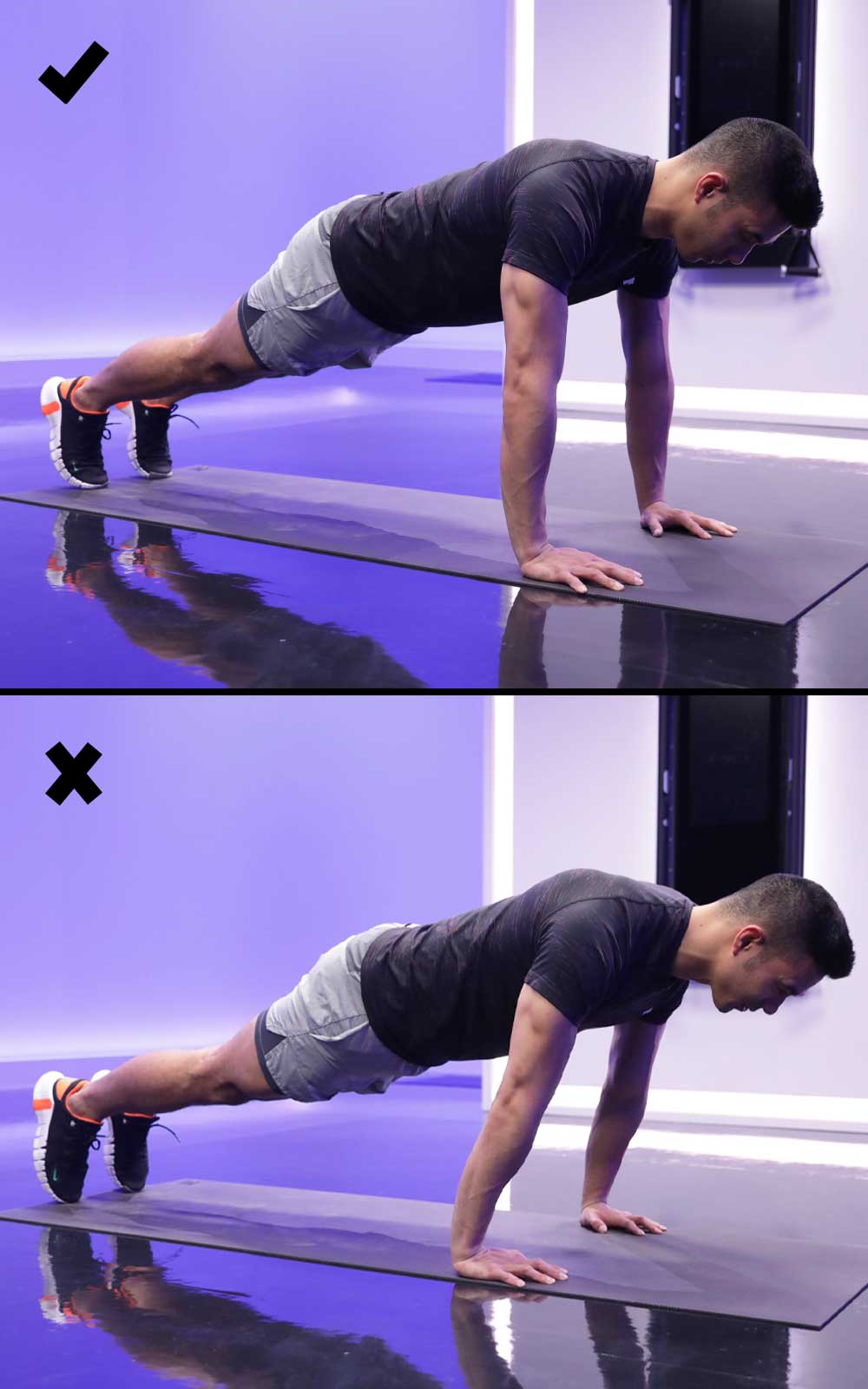 Tonal coach Tim Landicho demonstrating correct pushup form (hands directly under shoulders) and incorrect form (hands behind shoulders) to improve wrist pain during pushups.