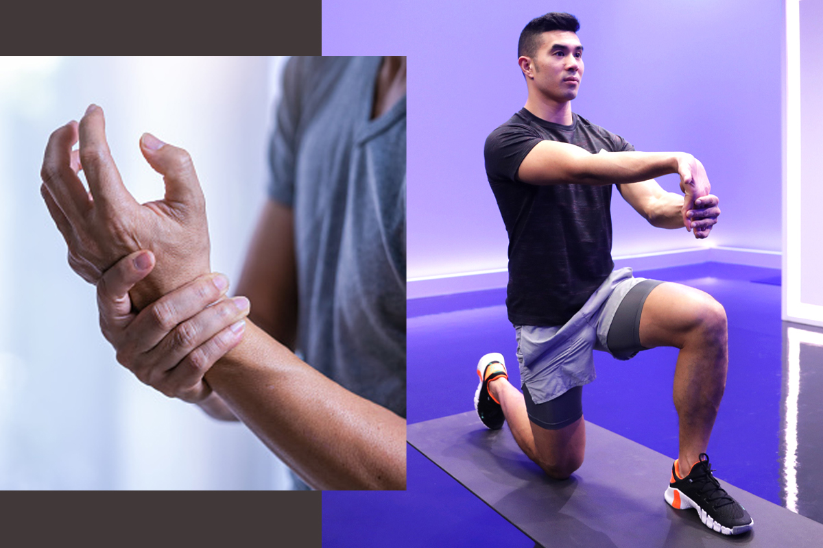 Split image: A person with wrist pain during pushups and Tonal Coach Tim Landicho performing a wrist extension exercise.