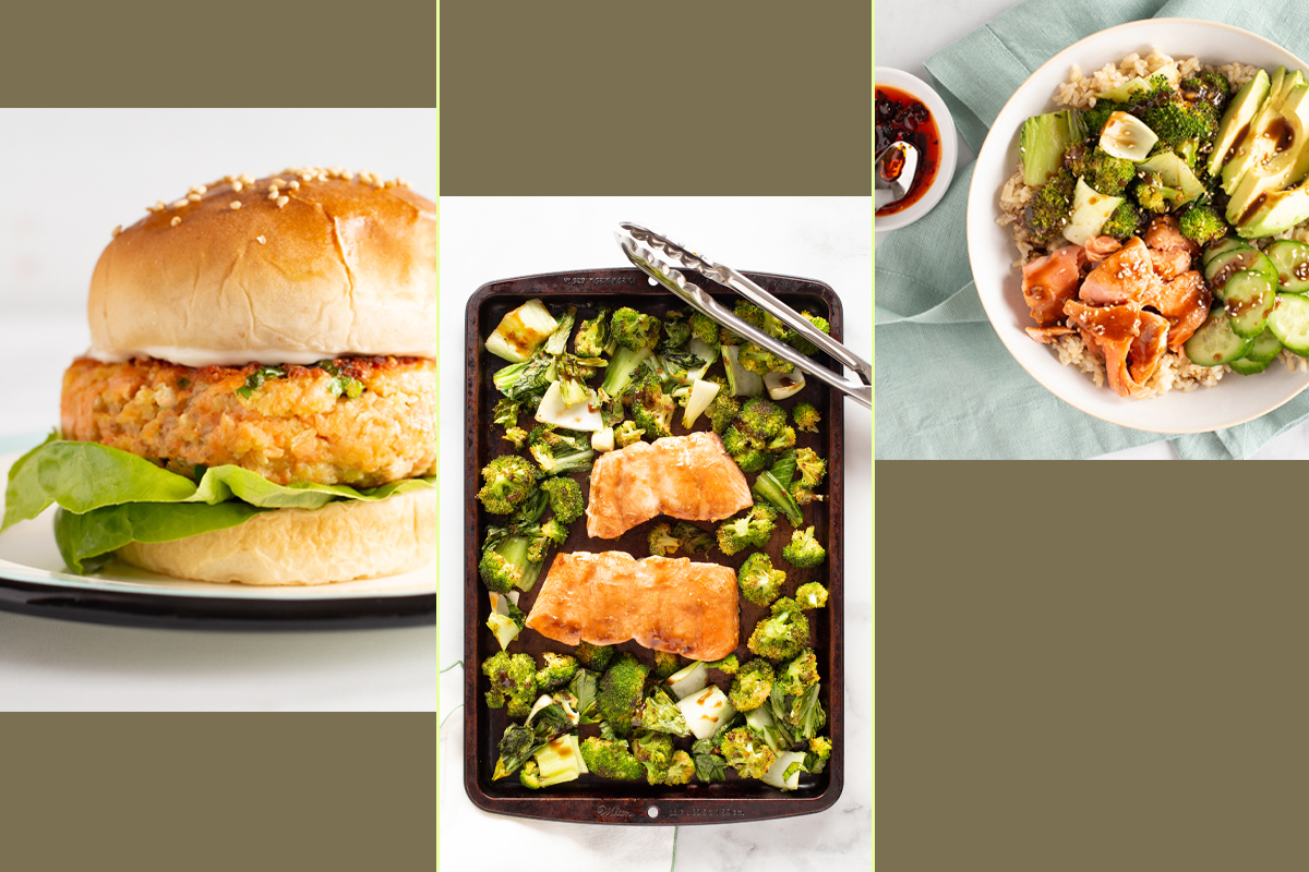 Salmon recipes: salmon burger, miso-glazed salmon, salmon rice bowl