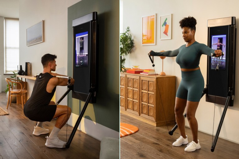 Split screen image of two people working out on Tonal