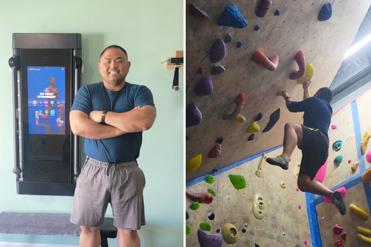 Joesph Mapa in front of his Tonal and on a rock climbing wall.
