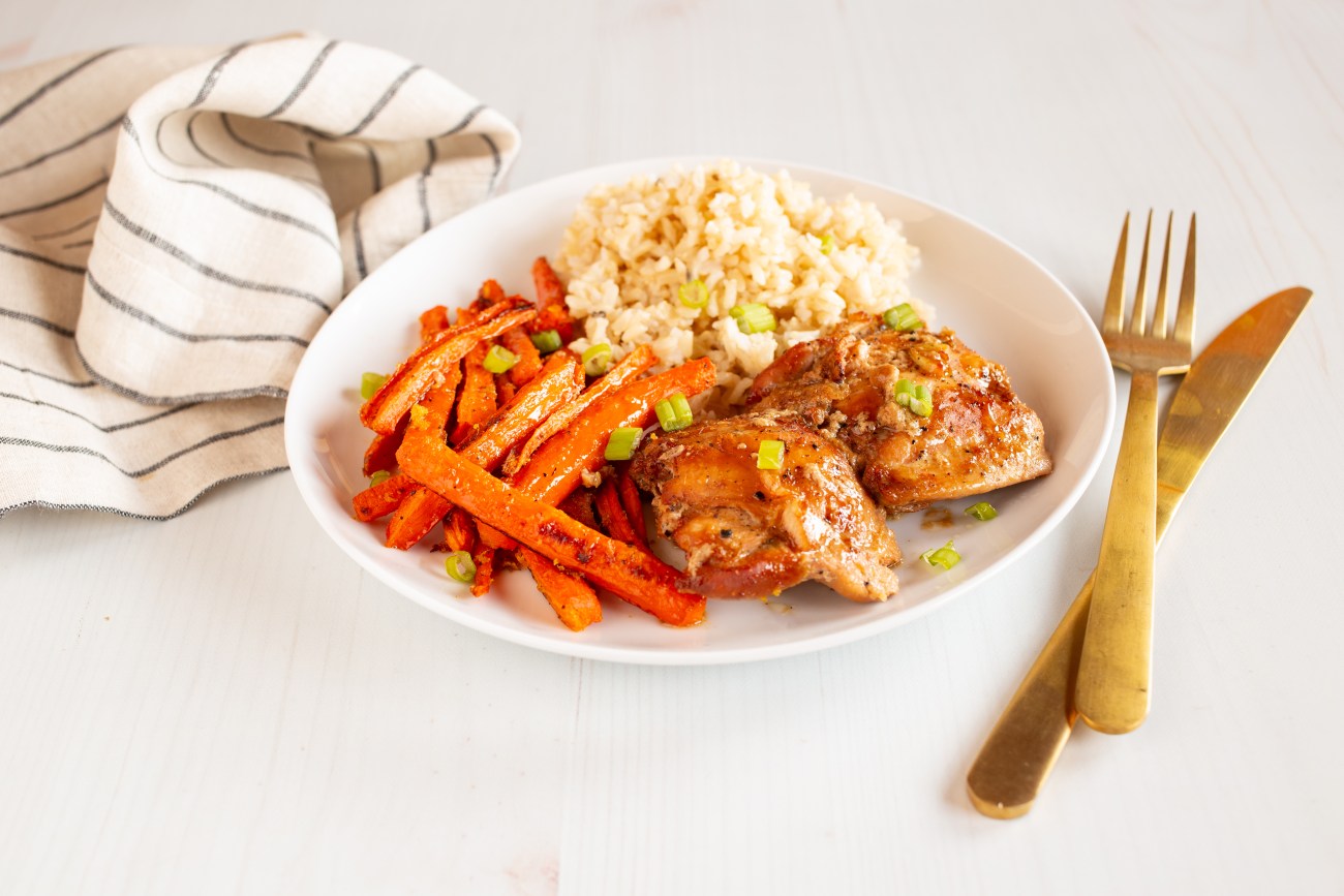 Filipino chicken adobo with garlic brown rice and gingered carrots